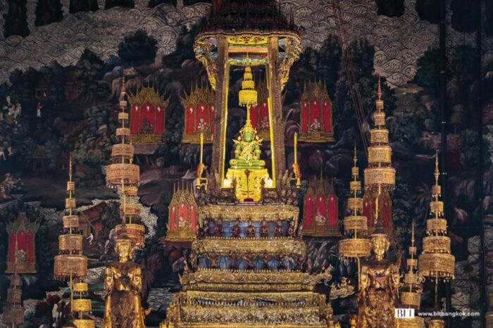 The Emerald Buddha (Phra Keow Morakot), situated at the Temple within the Royal Palace at Sanam Luang in Bangkok